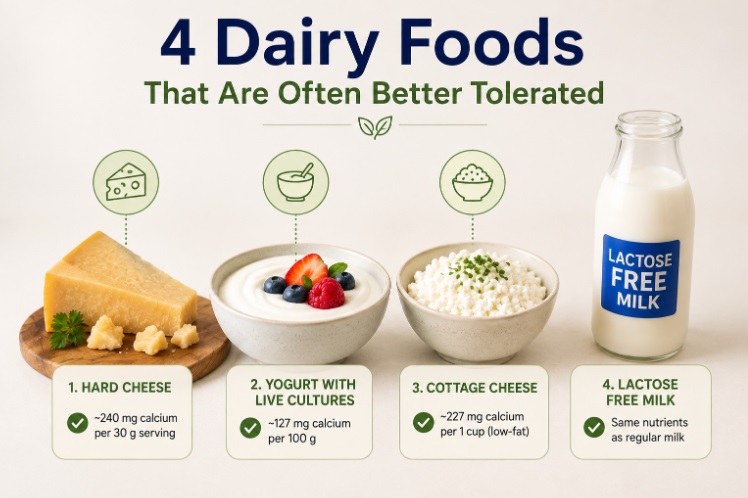 Four calcium-rich dairy foods suitable for people with lactose intolerance.