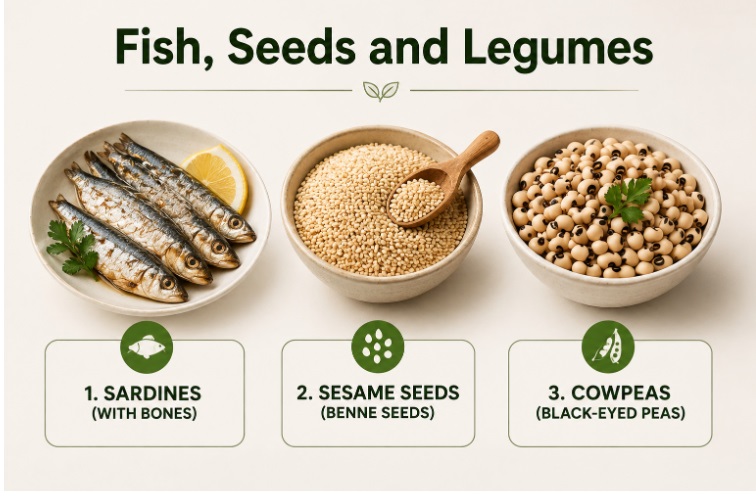 Sardines, sesame seeds, and cowpeas shown as non-dairy calcium-rich foods.