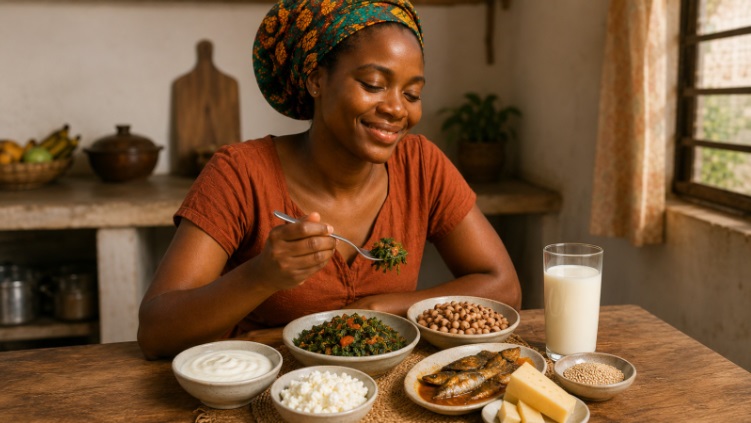 An African woman eating a variety of calcium-rich foods to meet her daily calcium needs.