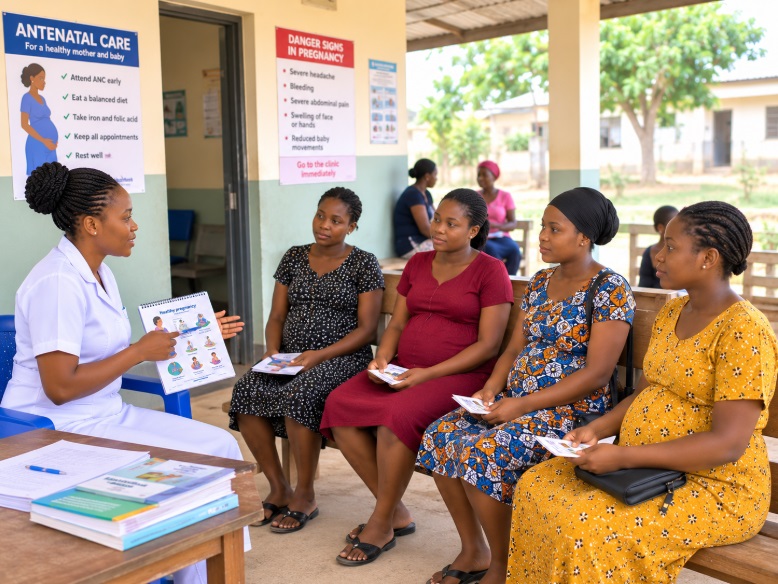 A nurse counselling African pregnant women during an antenatal clinic session.