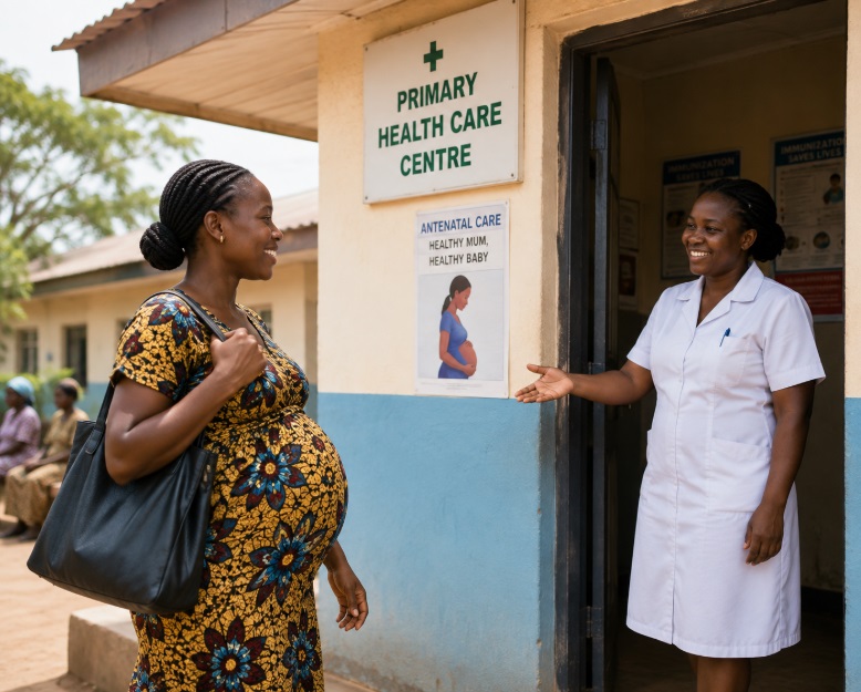 A pregnant African woman being welcomed by a nurse on arrival at a primary healthcare centre for antenatal care.