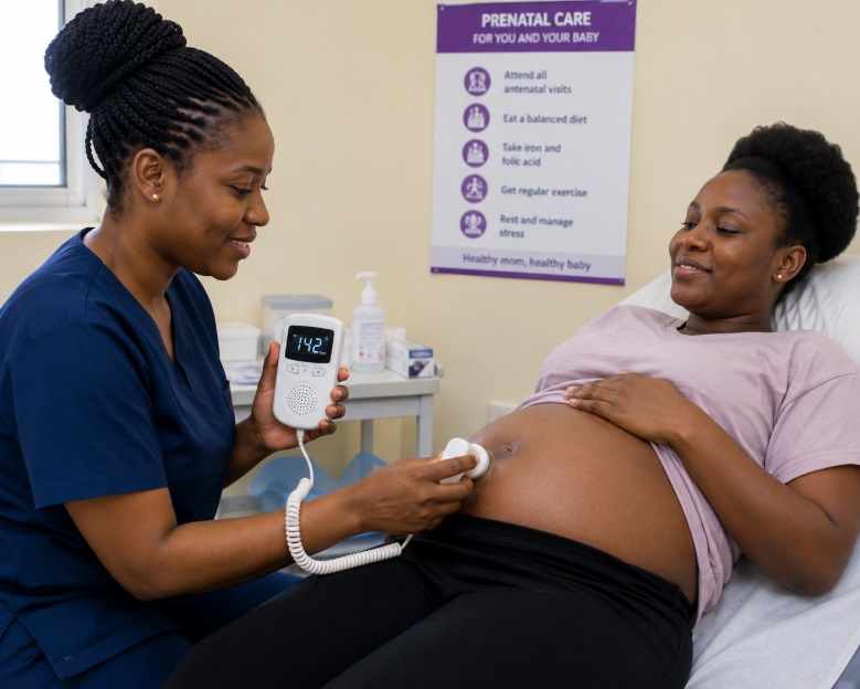 A nurse using a Doppler to check a pregnant woman’s baby’s heartbeat