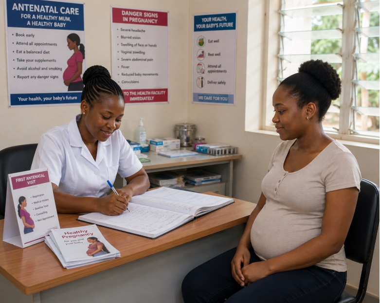 A pregnant African woman registering for her first antenatal visit with a healthcare provider at a clinic.
